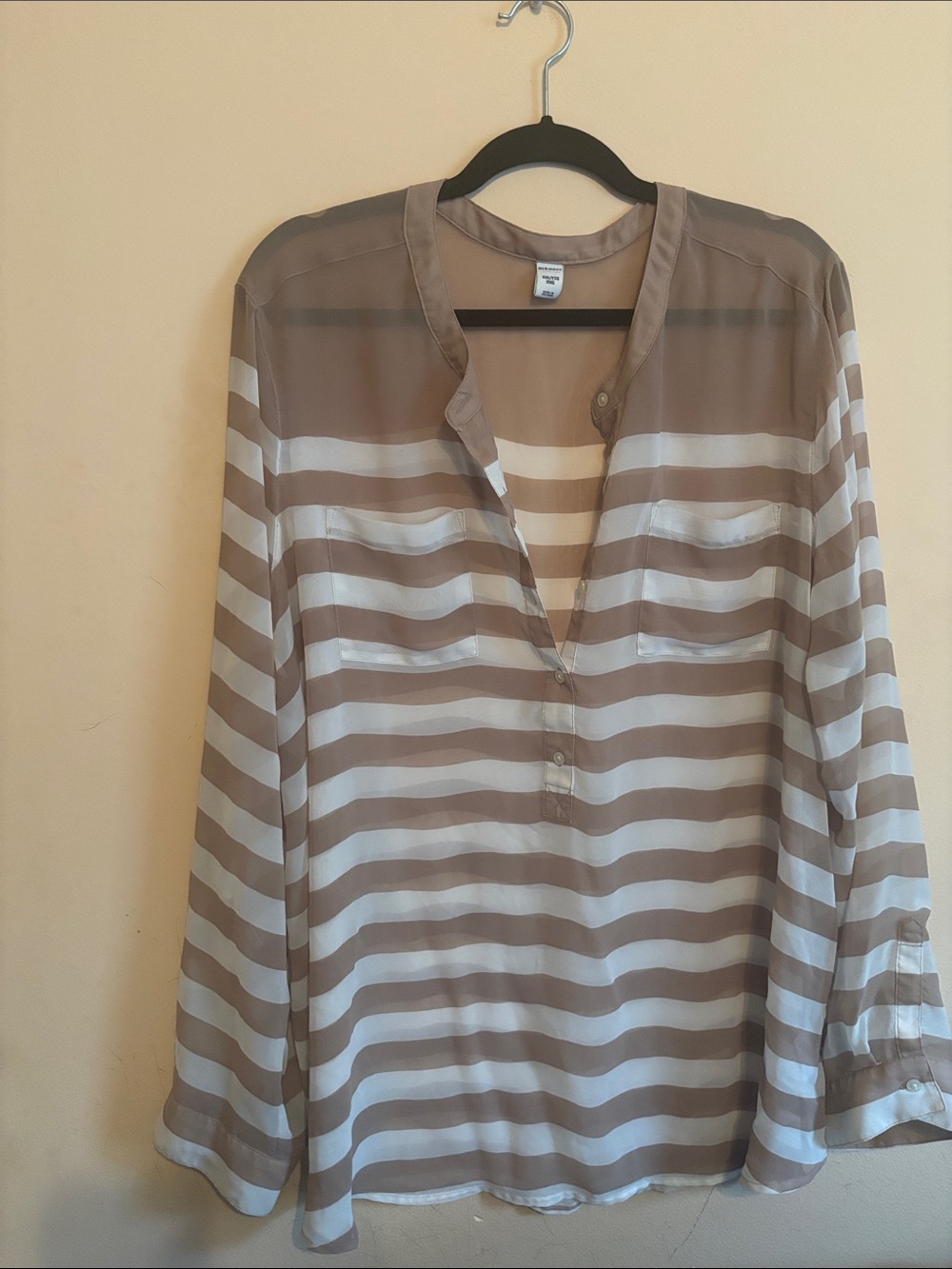 Old Navy Taupe & White Striped Sheer Henley Blouse